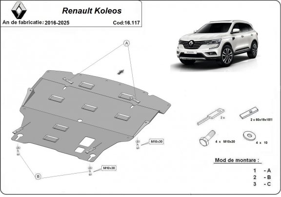 Acél motor, sebességváltó, hűtő, első lökhárító védőlemez Renault Koleos