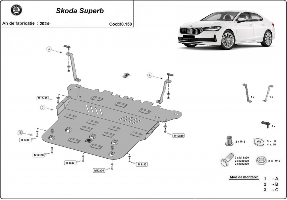 Acél motor, kapcsolószekrény, hűtő védőlemez Skoda Superb 4