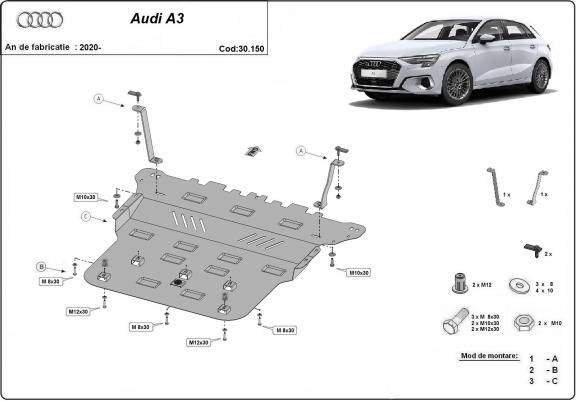 Acél motor, kapcsolószekrény, hűtő védőlemez Audi A3
