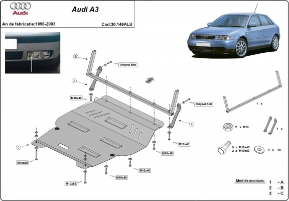 Alumínium motor, sebességváltó, hűtő, első lökhárító védőlemez Audi A3