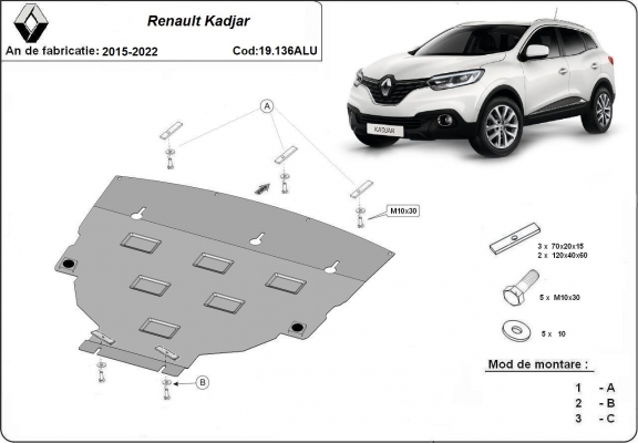 Aluminium motor, kapcsolószekrény védőlemez Renault Kadjar