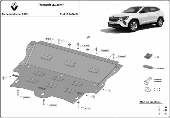 Aluminium motor, kapcsolószekrény védőlemez Renault Austral