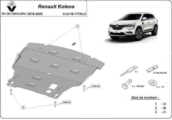 Aluminium motor, kapcsolószekrény védőlemez Renault Koleos