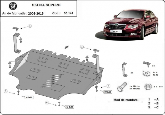 Acél motor, sebességváltó, hűtő, első lökhárító védőlemez Skoda Superb