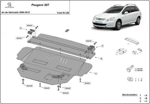 Acél motor, sebességváltó, hűtő, első lökhárító védőlemez Peugeot 307