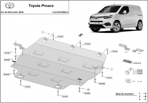 Aluminium motor, kapcsolószekrény védőlemez Toyota Proace