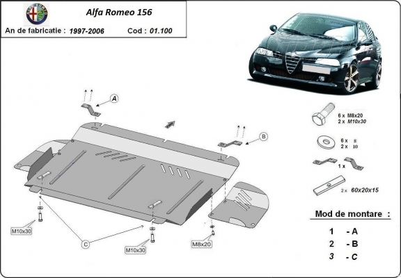 Acél motor, kapcsolószekrény, hűtő védőlemez Alfa Romeo 156
