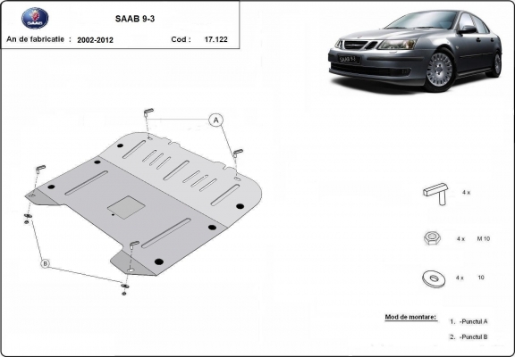 Acél motor, kapcsolószekrény védőlemez Saab 9-3
