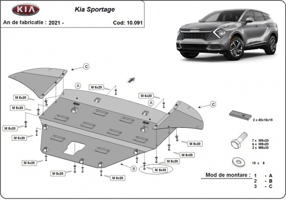 Acél motor, sebességváltó, hűtő, első lökhárító védőlemez Kia Sportage