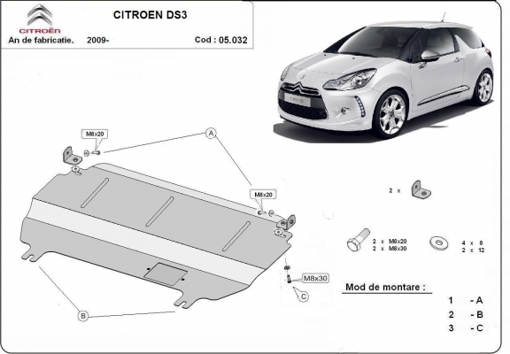Acél motor, kapcsolószekrény védőlemez Citroen DS3