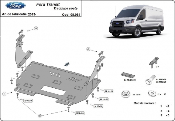 Acél motor, kapcsolószekrény, hűtő védőlemez Ford Transit - RWD