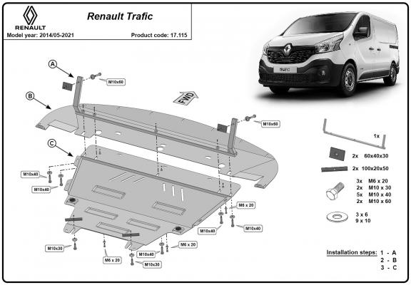 Acél motor, sebességváltó, hűtő, első lökhárító védőlemez Renault Trafic