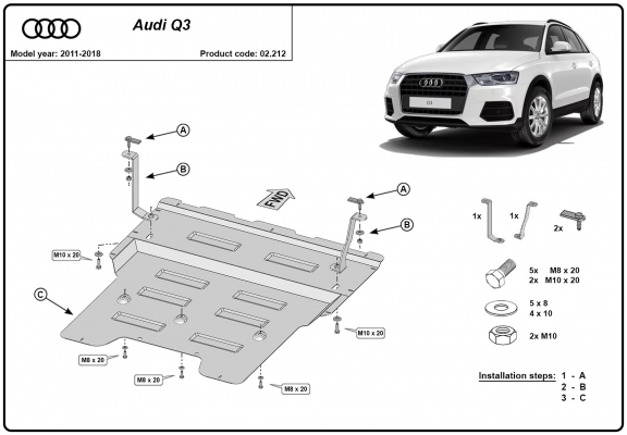 Acél motor, kapcsolószekrény, hűtő védőlemez Audi Q3
